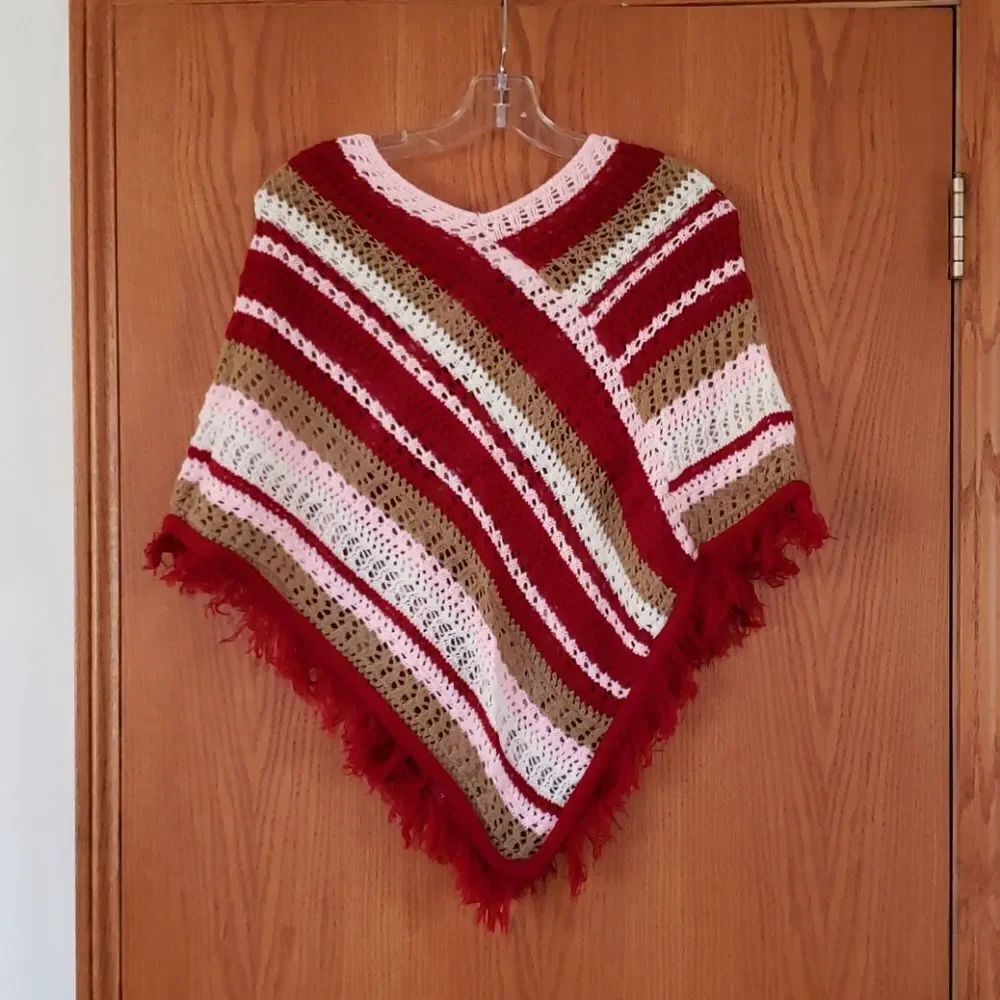 Pretty Knit Poncho Mauve Pink White Tan Sz 14/16
